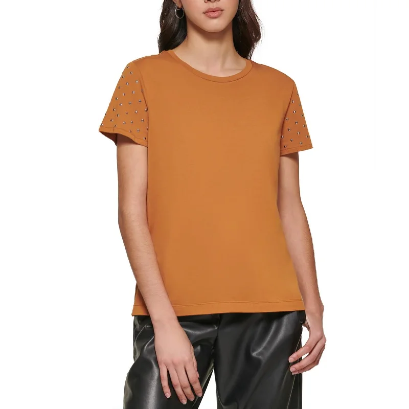 DKNY Womens Studded Crewneck Pullover Top