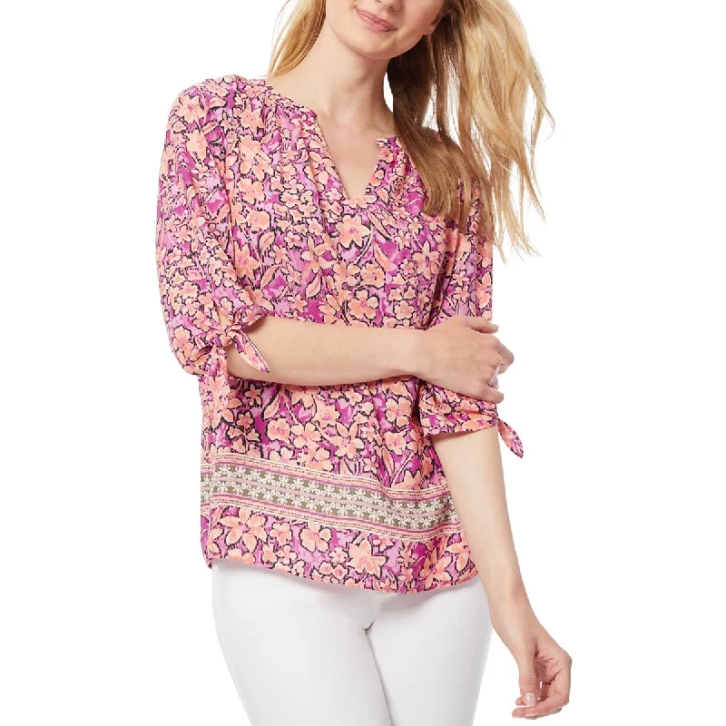Jones New York Womens Tie Sleeve Split Neck Blouse
