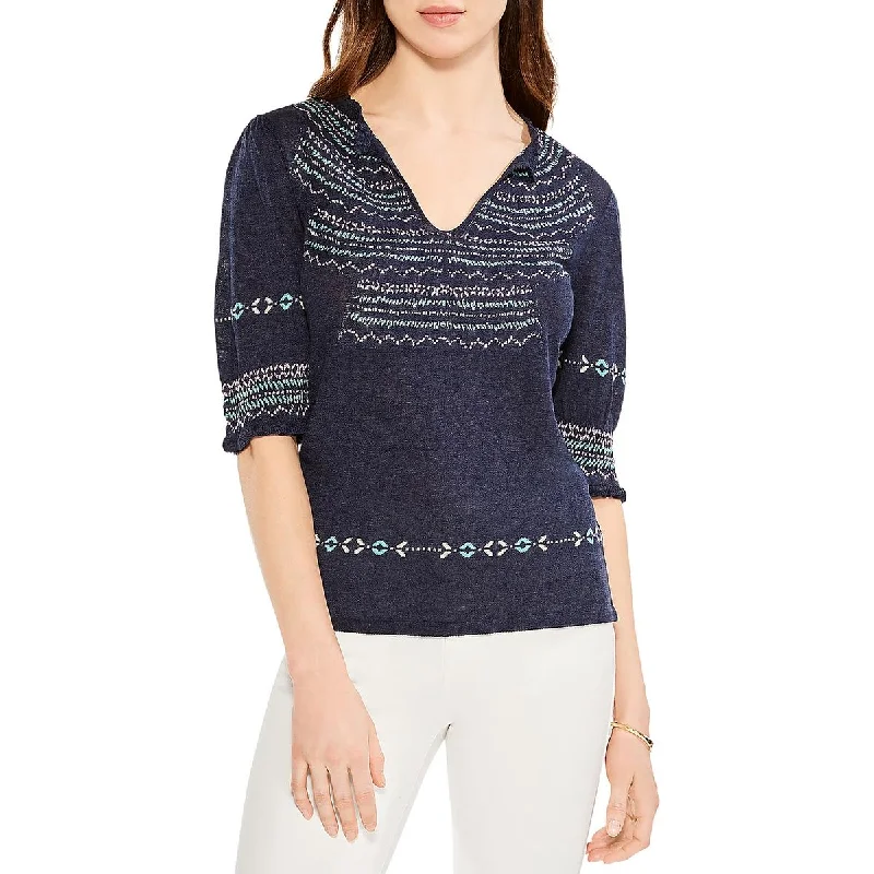 Nic + Zoe Womens Ruffled Neck Linen Blend Blouse