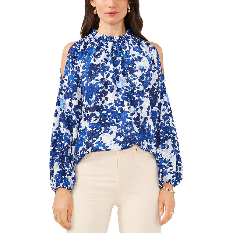Vince Camuto Womens Ruffle Neck Floral Print Blouse
