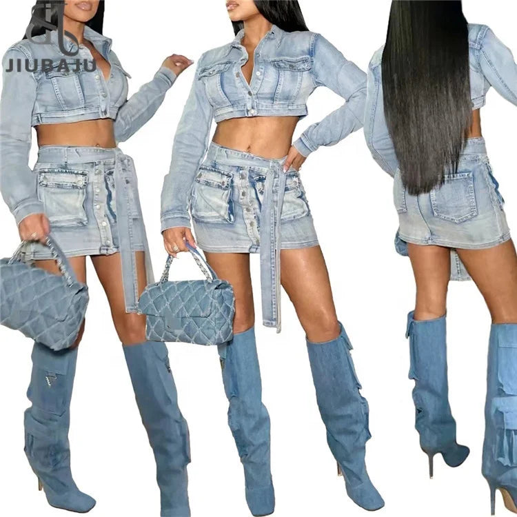 Women Jeans Cargo Two Piece Set Turn Down Collar Long Sleeve Single Breasted Crop Jackets Top Pockets Belt Mini Skirts Suits