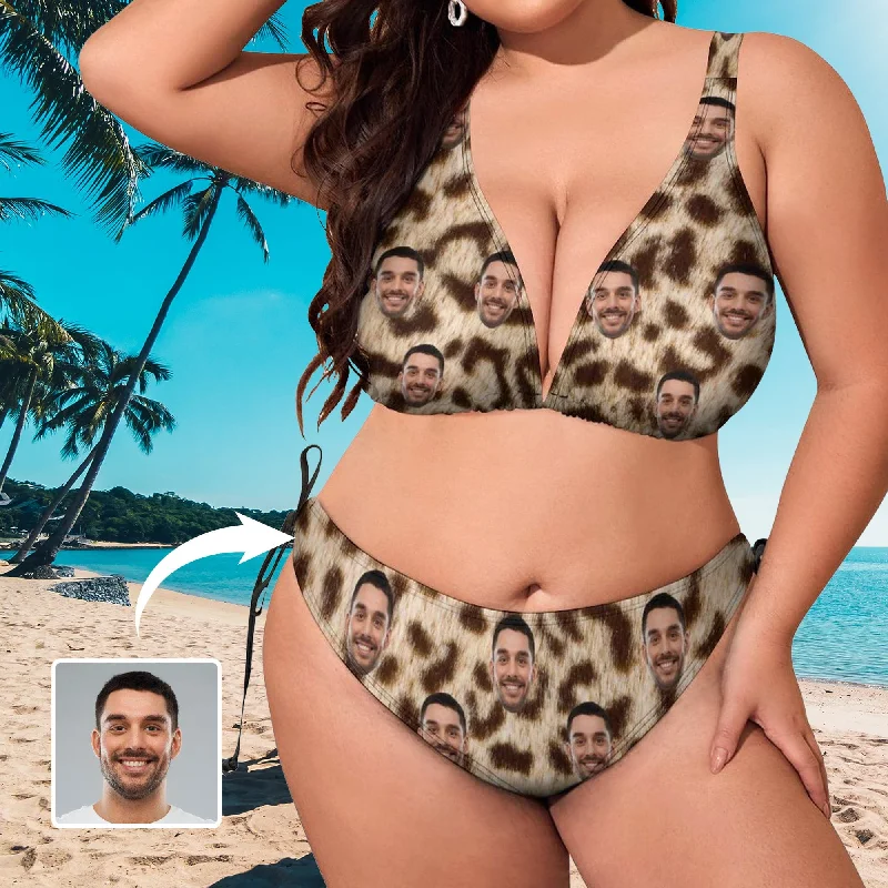 #Plus Size Halter Trikini-Custom Face Leopard Plus Size Swimsuit Deep V Neck Halter Tie Side Low Waisted Triangle Bikini Personalized Bathing Suit Beach Outfits #Plus Size Halter Trikini-Custom Face Leopard Plus Size Swimsuit Deep V Neck Halter Tie Side Low Waisted Triangle Bikini Personalized Bathing Suit Beach Outfits