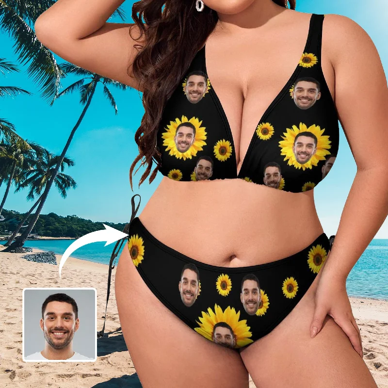 #Plus Size Halter Trikini-Custom Face Sun Flower Plus Size Swimsuit Deep V Neck Halter Tie Side Low Waisted Triangle Bikini Personalized Bathing Suit Beach Outfits #Plus Size Halter Trikini-Custom Face Sun Flower Plus Size Swimsuit Deep V Neck Halter Tie Side Low Waisted Triangle Bikini Personalized Bathing Suit Beach Outfits