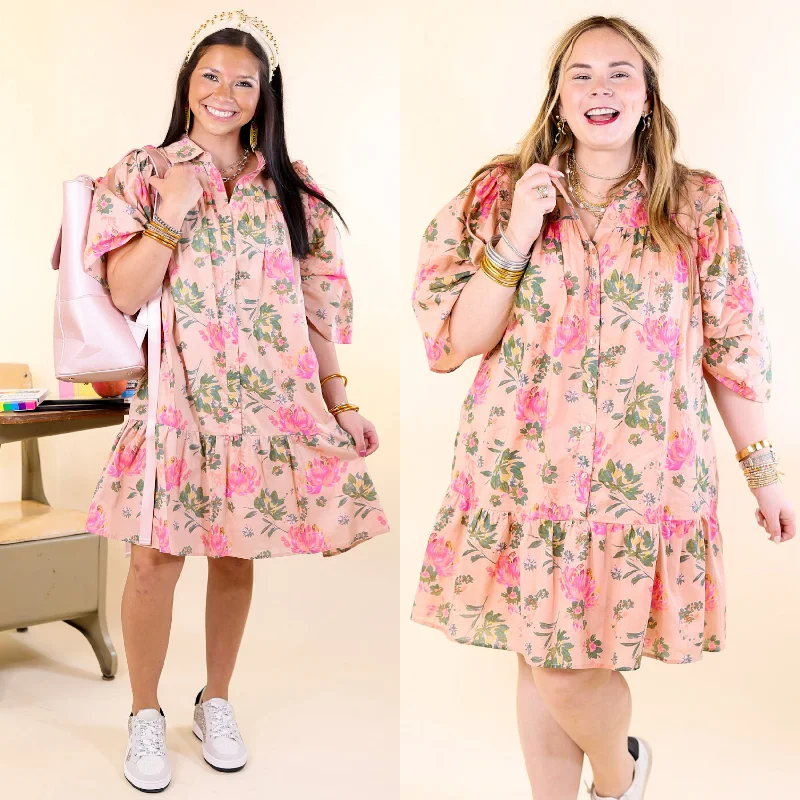 Blooming Chic Button Up Floral Print Dress with Collar in Peach