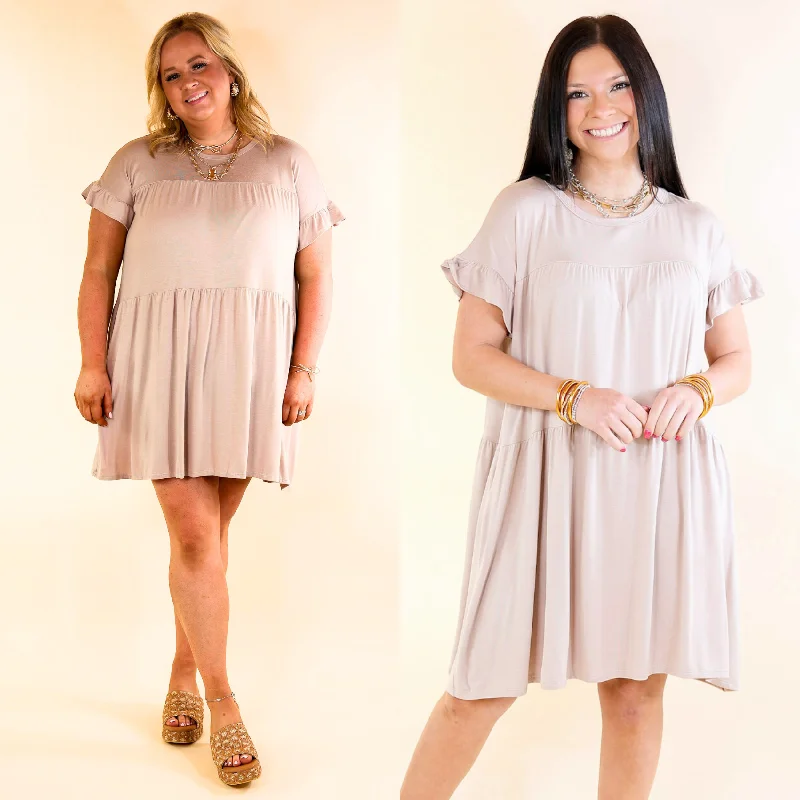 Gorgeous Girly Ruffle Sleeve Tiered Dress in Taupe